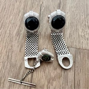 SWANK Silver‎ Wrap Around Cufflinks & Tie Bar Pin Set Green Rhinestone MCM VTG